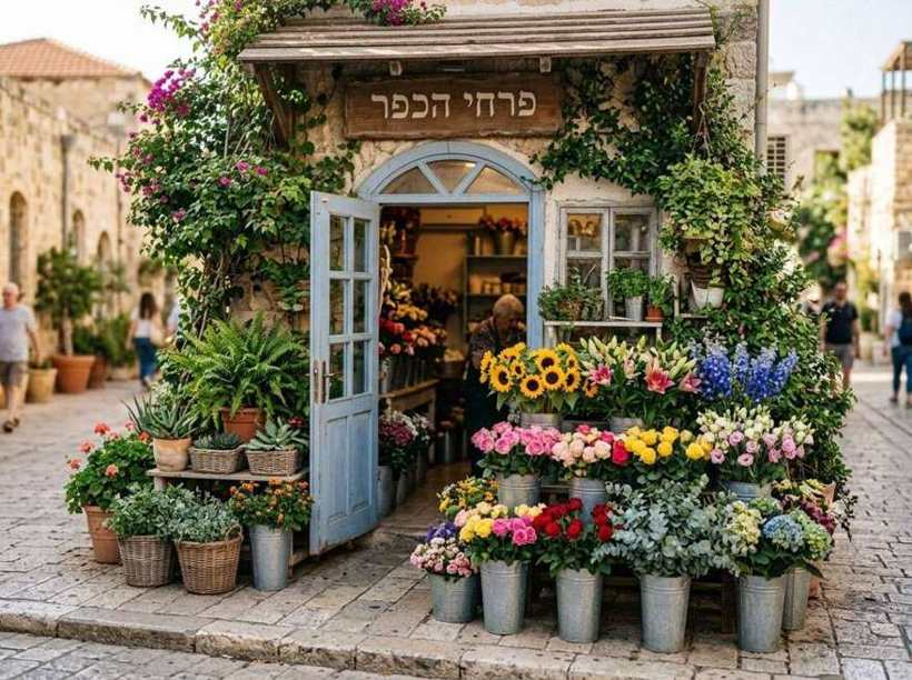 החנות, דליים של פרחים טריים על המדרכה
